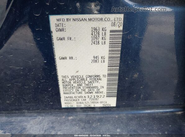 1N4BL4CV0LN321922 2020 NISSAN ALTIMA Blue Widok komory silnika