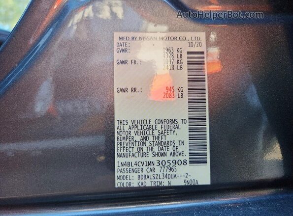 1N4BL4CV1MN305908 2021 NISSAN ALTIMA Gray 