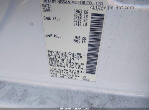 1N4BL4CV2MN325892 2021 NISSAN ALTIMA White Vista del compartimento del motor