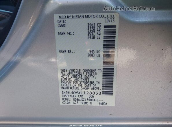 1N4BL4CV3KC128853 2019 NISSAN ALTIMA Серебряный 