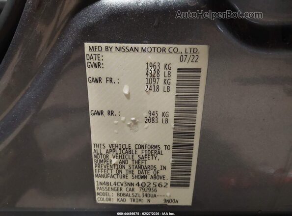 1N4BL4CV3NN402562 2022 NISSAN ALTIMA Серебряный Вид подкапотного пространства