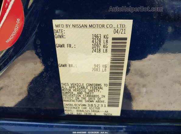 1N4BL4CV5MN385231 2021 NISSAN ALTIMA Синий Вид подкапотного пространства