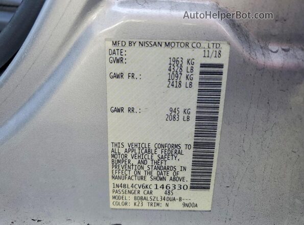 1N4BL4CV6KC146330 2019 NISSAN ALTIMA Silver Widok naklejki z numerem VIN