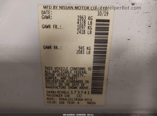 1N4BL4CV6LC173741 2020 NISSAN ALTIMA White Շարժիչի բաժամունքի տեսք