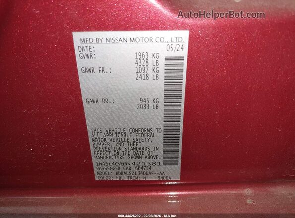 1N4BL4CV6RN421581 2024 NISSAN ALTIMA Red Շարժիչի բաժամունքի տեսք