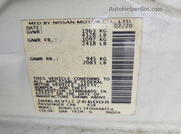 1N4BL4CV7LC266008 2020 NISSAN ALTIMA White 