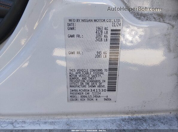 1N4BL4CV8SN341530 2025 NISSAN ALTIMA White Vista del compartimento del motor