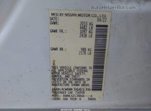 1N4BL4CW6NN366536 2022 NISSAN ALTIMA White 