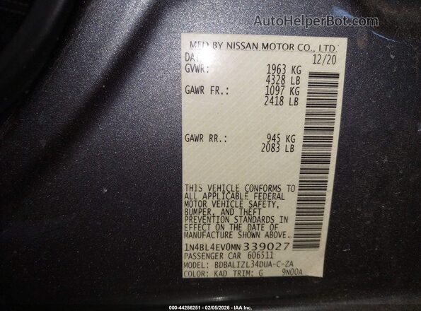 1N4BL4EV0MN339027 2021 NISSAN ALTIMA Gray Շարժիչի բաժամունքի տեսք