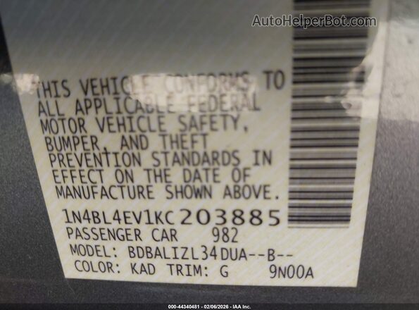 1N4BL4EV1KC203885 2019 NISSAN ALTIMA Gray ძრავის განყოფილების ხედი