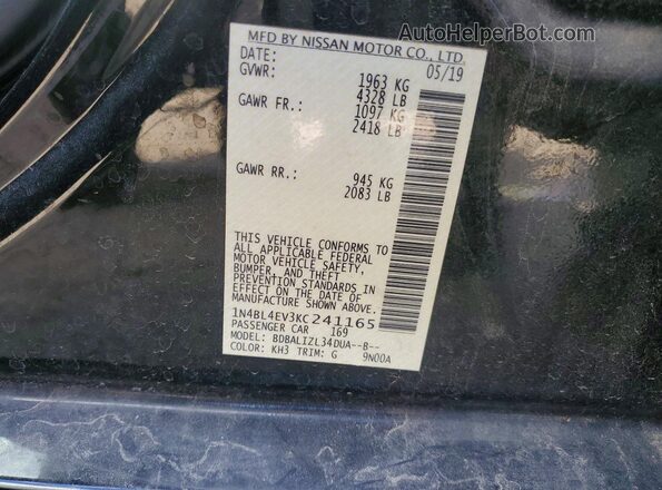 1N4BL4EV3KC241165 2019 NISSAN ALTIMA Black Widok naklejki z numerem VIN