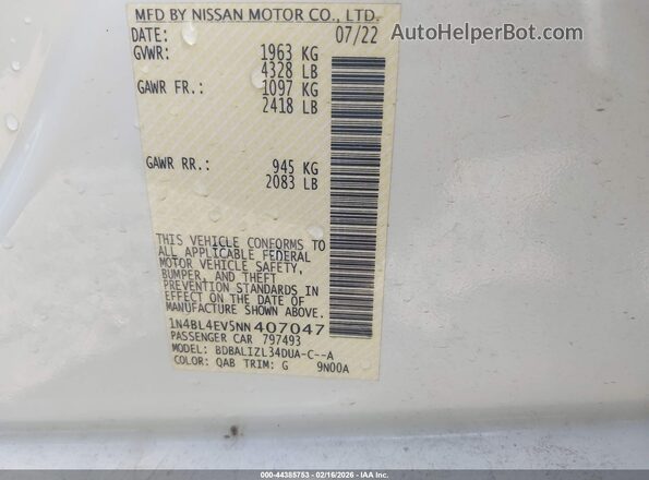 1N4BL4EV5NN407047 2022 NISSAN ALTIMA Белый Вид подкапотного пространства