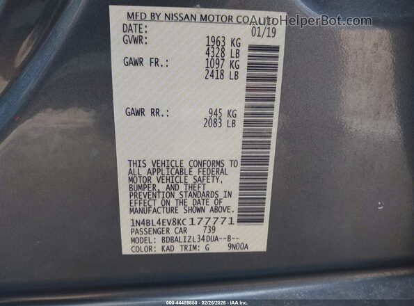 1N4BL4EV8KC177771 2019 NISSAN ALTIMA Серый Вид подкапотного пространства