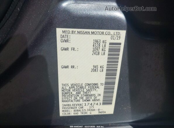 1N4BL4EVXKC174743 2019 NISSAN ALTIMA Gray Շարժիչի բաժամունքի տեսք