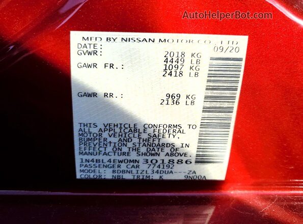 1N4BL4EW0MN301886 2021 NISSAN ALTIMA Red Engine compartment view