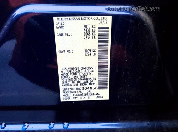 1N4BZ0CP0HC304856 2017 NISSAN LEAF Blue VIN կոդի պիտակի տեսք