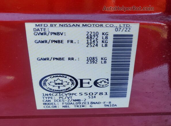 1N4CZ1CV9PC550781 2023 NISSAN LEAF Red VIN sticker view