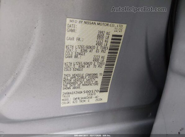 1N6BA1F2XGN500570 2016 NISSAN TITAN XD Silver Vista del compartimento del motor