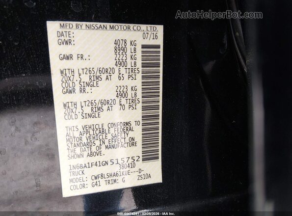 1N6BA1F41GN515752 2016 NISSAN TITAN XD Black Vista del compartimento del motor