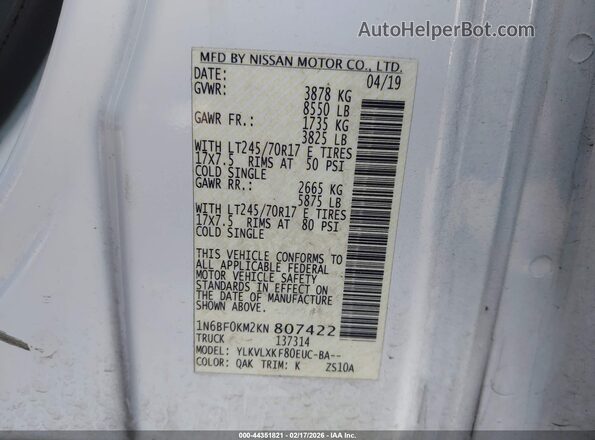1N6BF0KM2KN807422 2019 NISSAN NV CARGO NV1500 White 
