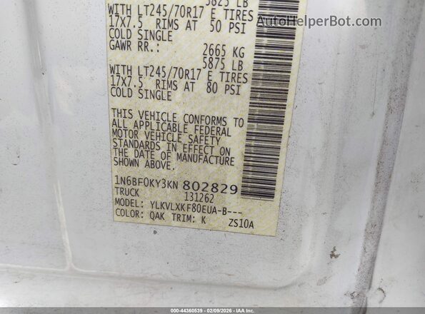 1N6BF0KY3KN802829 2019 NISSAN NV CARGO NV2500 HD White 