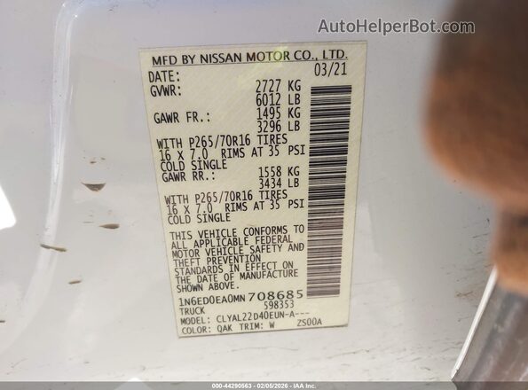 1N6ED0EA0MN708685 2021 NISSAN FRONTIER White Շարժիչի բաժամունքի տեսք