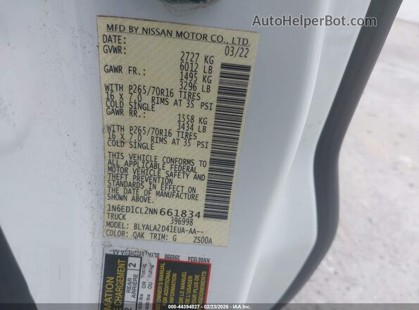 1N6ED1CL2NN661834 2022 NISSAN FRONTIER White Widok komory silnika