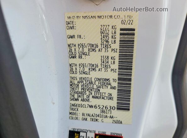 1N6ED1CL7NN652630 2022 NISSAN FRONTIER Белый Вид наклейки с VIN-кодом