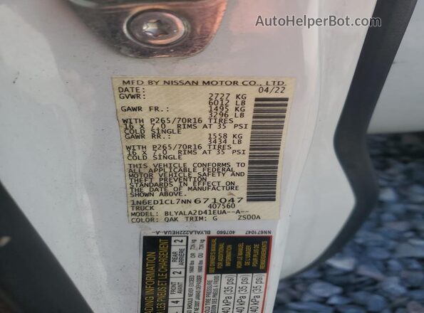 1N6ED1CL7NN671047 2022 NISSAN FRONTIER White Вид наклейки з VIN-кодом
