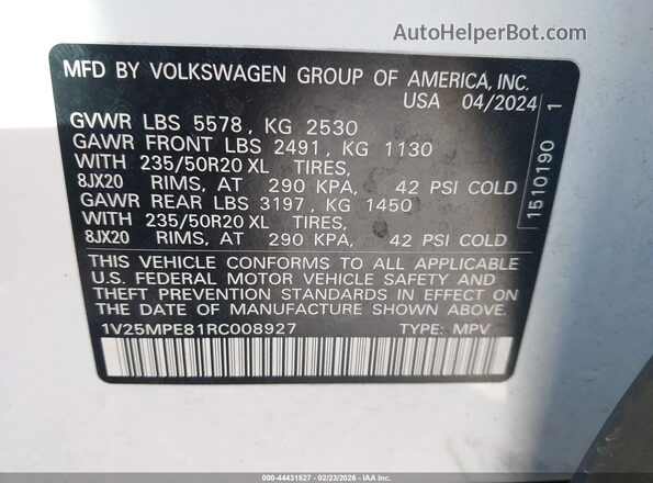 1V25MPE81RC008927 2024 VOLKSWAGEN ID.4 White Engine compartment view