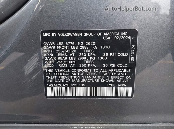 1V2AE2CA2RC233135 2024 VOLKSWAGEN ATLAS Серый Вид подкапотного пространства