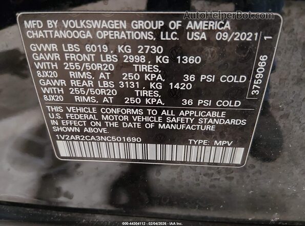 1V2AR2CA3NC501690 2022 VOLKSWAGEN ATLAS Зеленый Вид подкапотного пространства