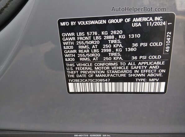 1V2BE2CA7SC208547 2025 VOLKSWAGEN ATLAS Gray ძრავის განყოფილების ხედი