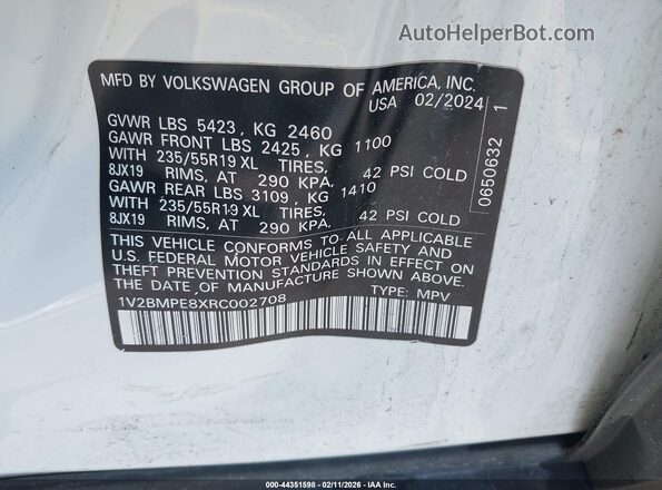 1V2BMPE8XRC002708 2024 VOLKSWAGEN ID.4 White ძრავის განყოფილების ხედი