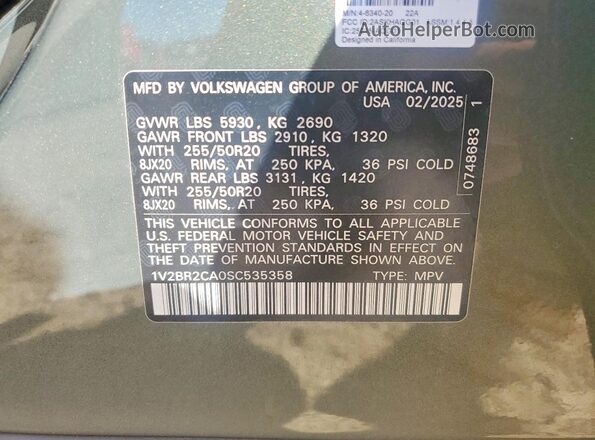 1V2BR2CA0SC535358 2025 VOLKSWAGEN ATLAS Green Widok wnętrza 360 stopni