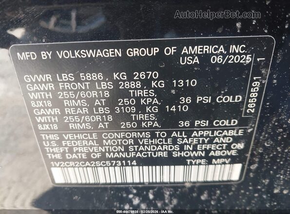 1V2CR2CA2SC573114 2025 VOLKSWAGEN ATLAS Black Engine compartment view
