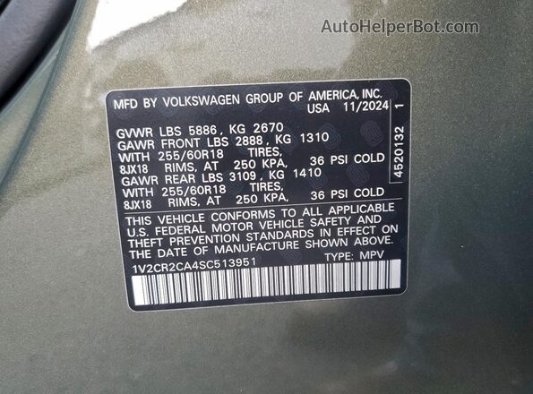 1V2CR2CA4SC513951 2025 VOLKSWAGEN ATLAS Green VIN կոդի պիտակի տեսք