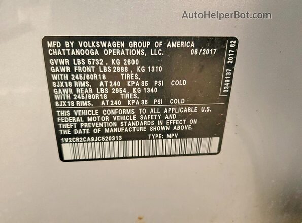 1V2CR2CA9JC520313 2018 VOLKSWAGEN ATLAS Silver 