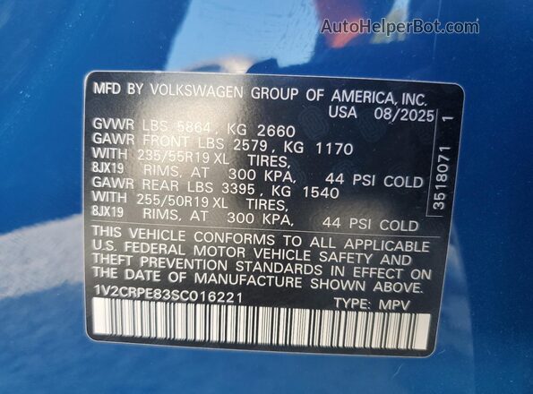 1V2CRPE83SC016221 2025 VOLKSWAGEN ID.4 Blue Widok naklejki z numerem VIN