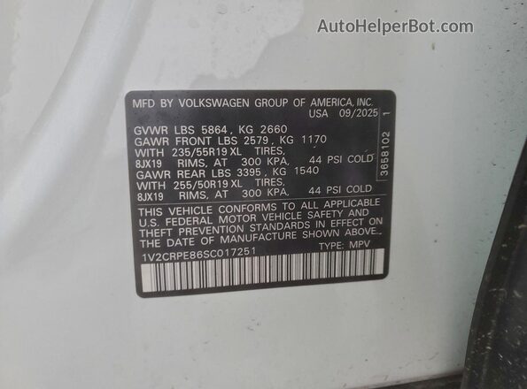 1V2CRPE86SC017251 2025 VOLKSWAGEN ID.4 White Widok naklejki z numerem VIN