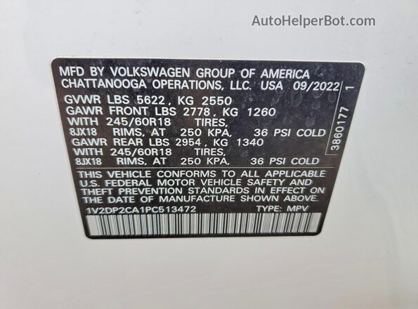 1V2DP2CA1PC513472 2023 VOLKSWAGEN ATLAS White VIN sticker view