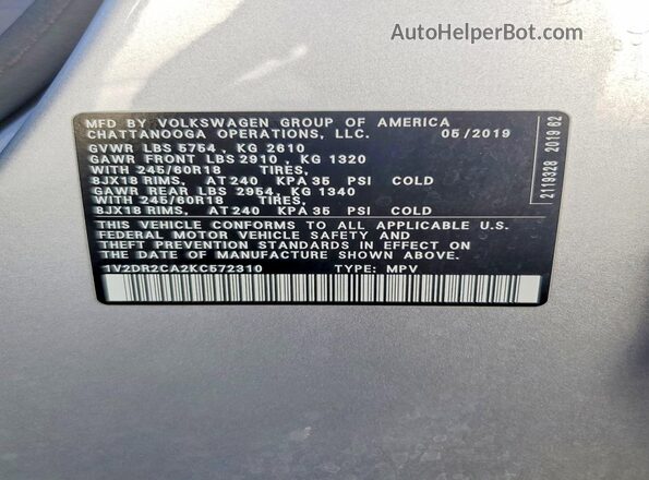 1V2DR2CA2KC572310 2019 VOLKSWAGEN ATLAS Silver 