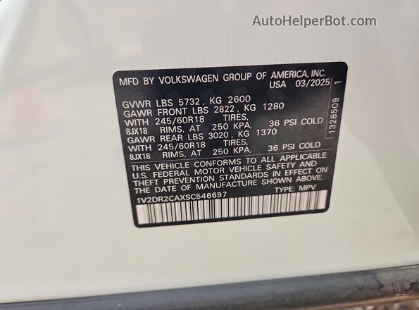 1V2DR2CAXSC546697 2025 VOLKSWAGEN ATLAS White VIN կոդի պիտակի տեսք