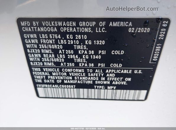 1V2FR2CA5LC503587 2020 VOLKSWAGEN ATLAS White Vista del compartimento del motor