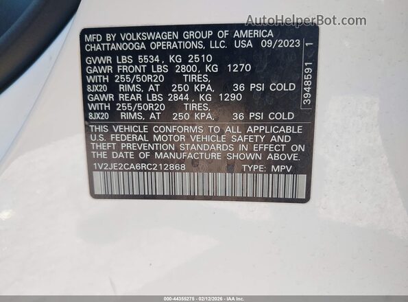 1V2JE2CA6RC212868 2024 VOLKSWAGEN ATLAS White Vista del compartimento del motor