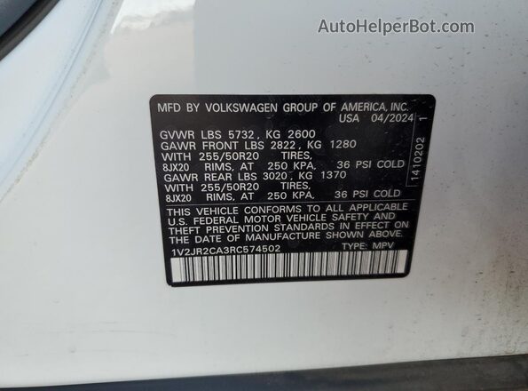 1V2JR2CA3RC574502 2024 VOLKSWAGEN ATLAS Белый Вид наклейки с VIN-кодом