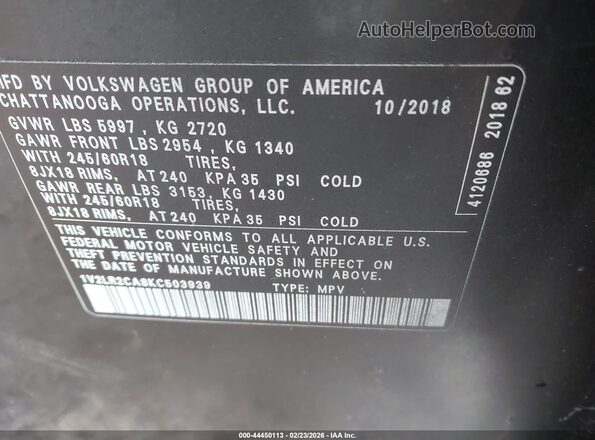 1V2LR2CA8KC503939 2019 VOLKSWAGEN ATLAS Черный Вид подкапотного пространства