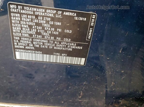 1V2UR2CA3KC512424 2019 VOLKSWAGEN ATLAS Blue 