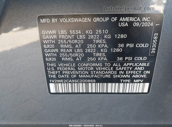 1V2WE2CA9SC200869 2025 VOLKSWAGEN ATLAS Серый Вид подкапотного пространства