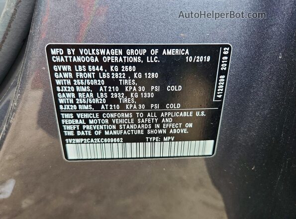 1V2WP2CA2KC609662 2019 VOLKSWAGEN ATLAS Charcoal 
